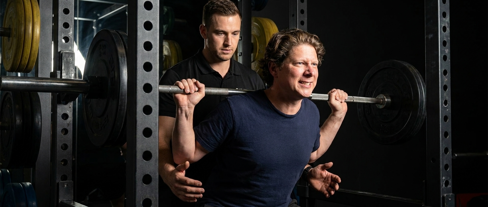Personal trainer coaching a client through a kettlebell workout in a modern gym