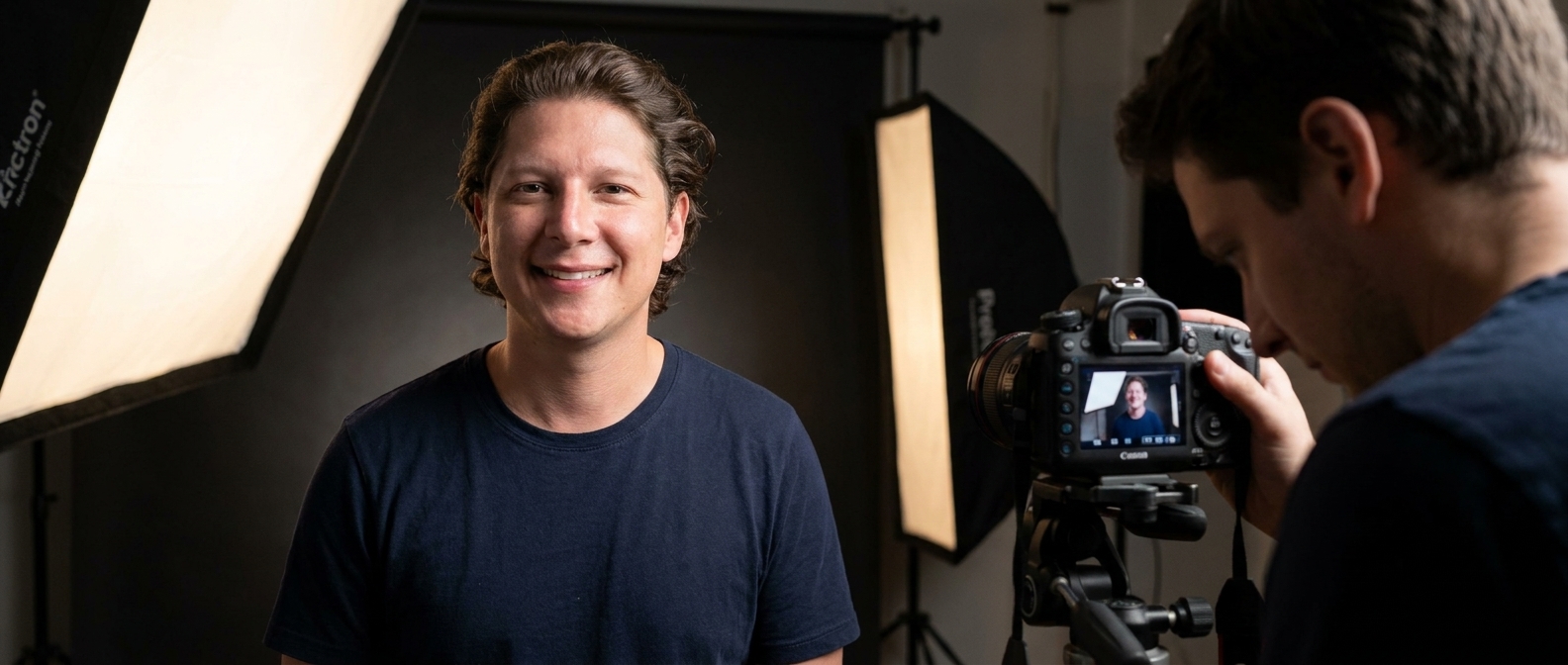 A bright professional photography studio with a camera on a tripod facing a portrait backdrop