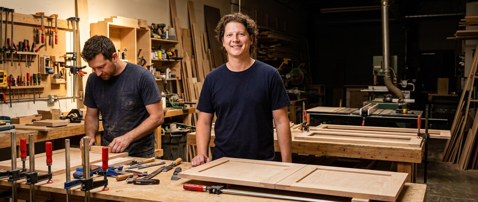 Vincent Jordan in a custom cabinet shop talking with the cabinet maker about how referrals look you up
