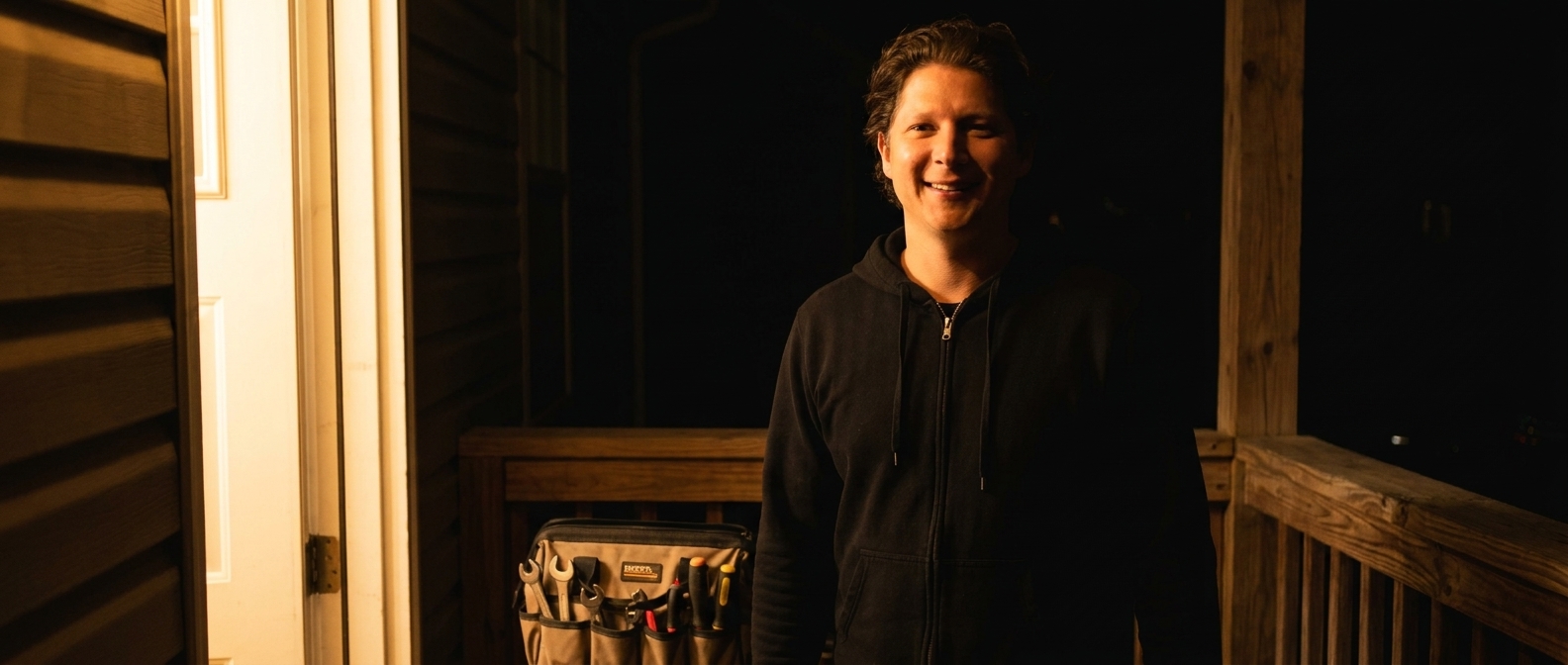 Vincent Jordan on a porch at night lit by a doorway light, toolbag at his feet