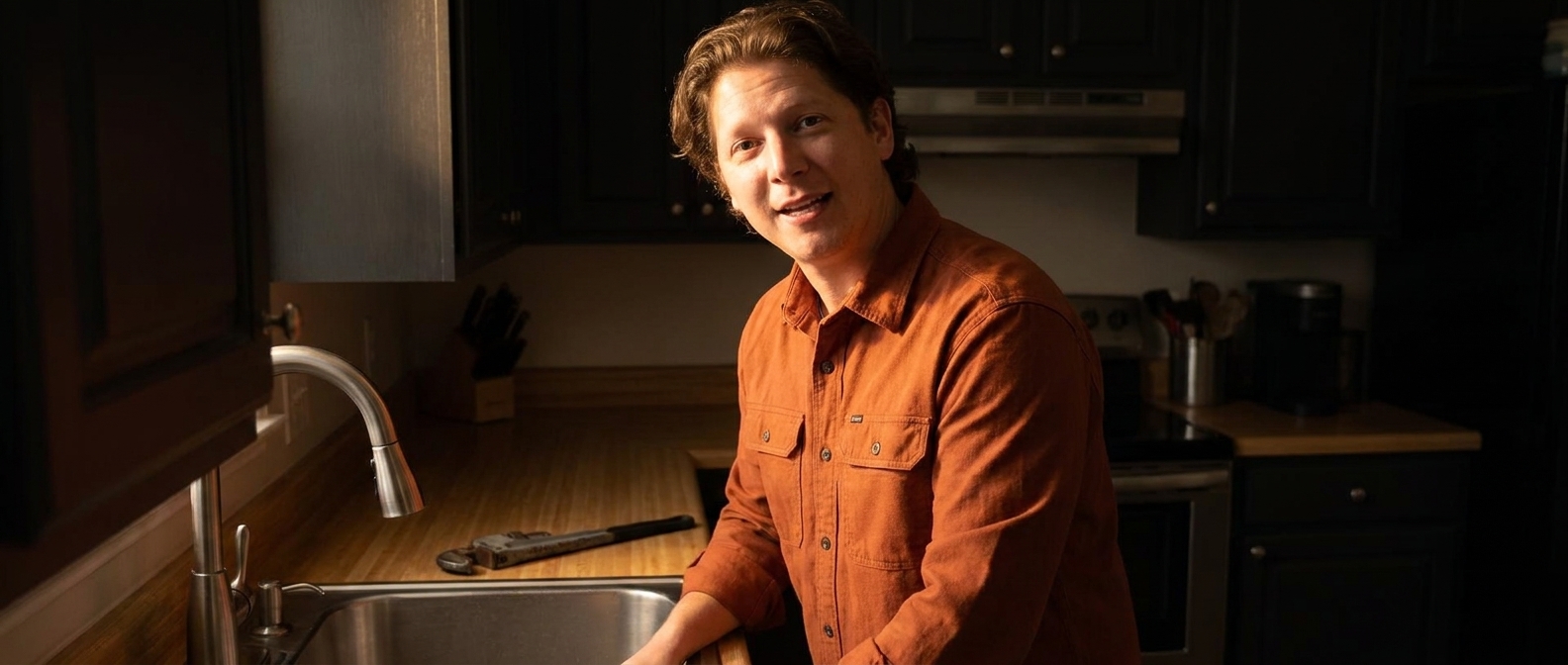 Vincent Jordan at a kitchen sink with a wrench on the counter, talking to camera