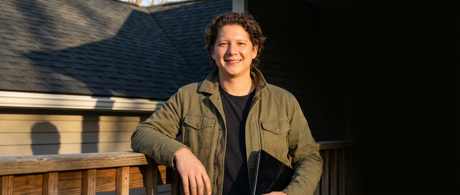 Vincent Jordan on a porch outside a house with a new roof, tablet under his arm