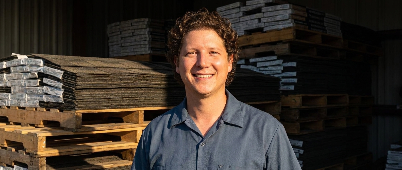 Vincent Jordan at a roofing supply yard with shingle pallets stacked behind him
