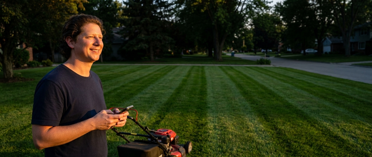 Vincent Jordan standing on a freshly striped lawn beside a mower, phone in hand
