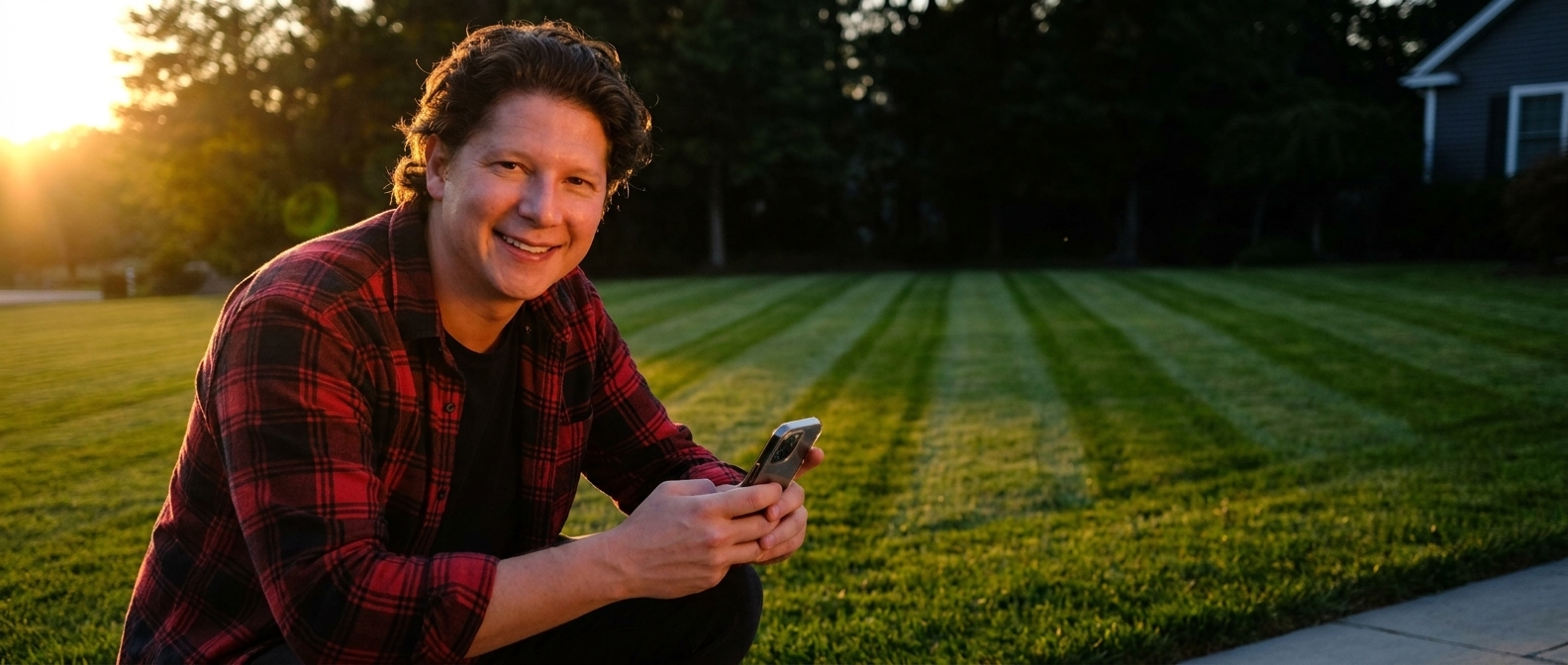 Vincent Jordan crouched at the edge of a striped lawn photographing his mowing lines