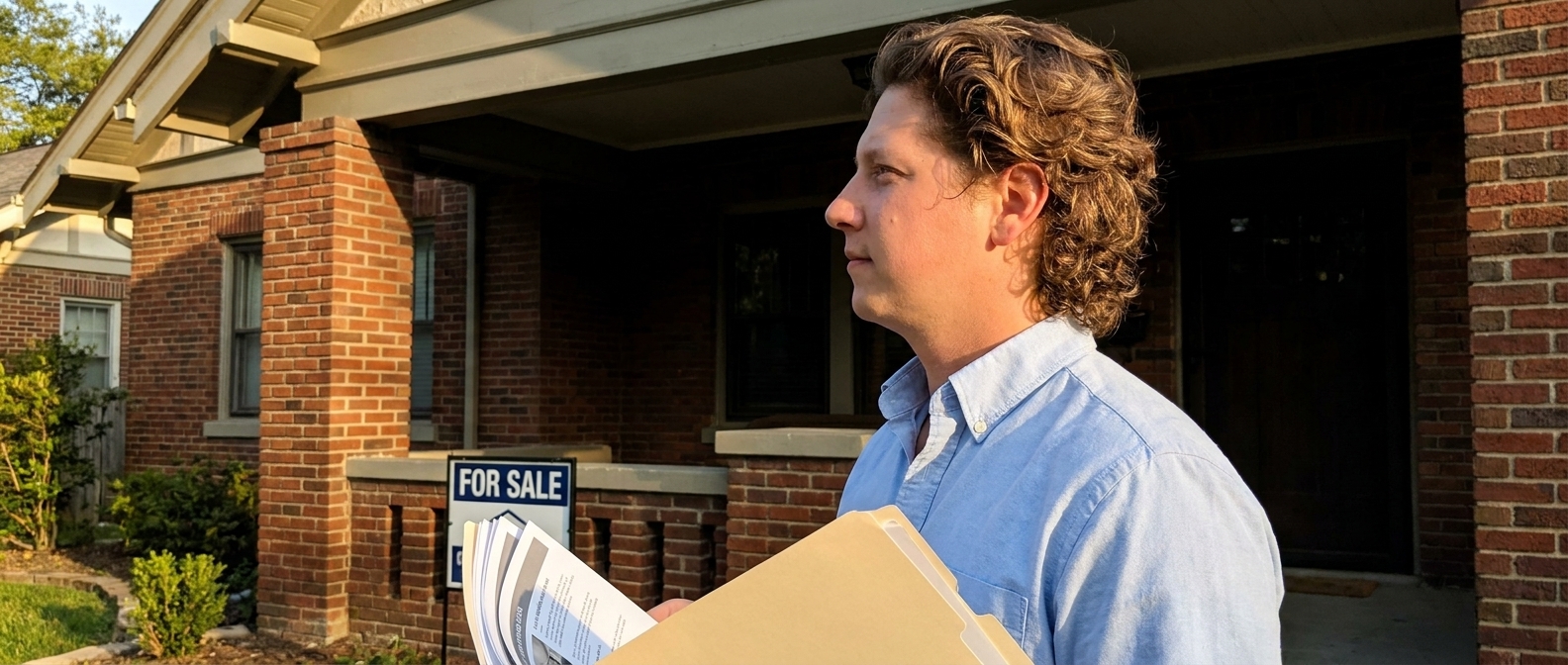 Vincent Jordan on a porch with a real estate agent, a for-sale sign in the front yard