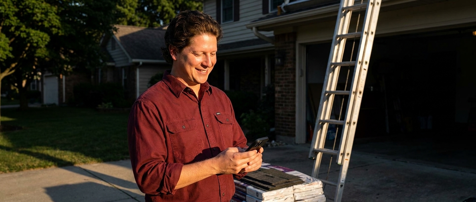 Vincent Jordan in a driveway beside a ladder and shingle bundles, checking his phone