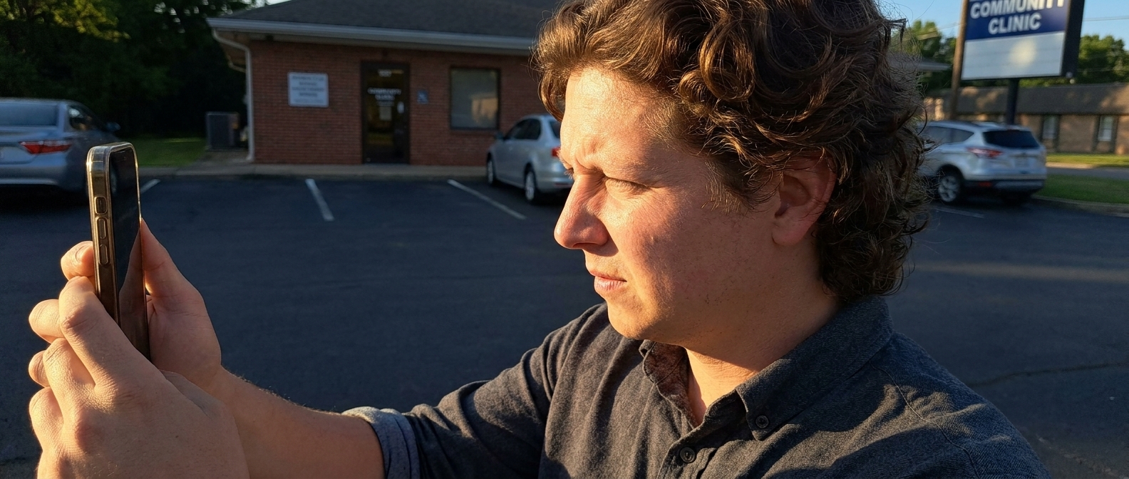 Vincent Jordan squinting at a phone in a waiting room, pinching to zoom on a website
